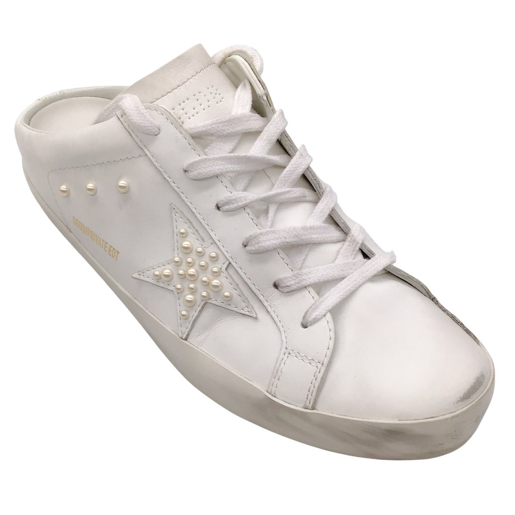 Golden Goose Deluxe Brand White Superstar Sabot Faux Pearl Embellished Distresse